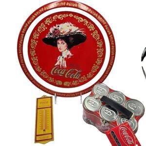 Vintage Coca-Cola Collector Tray Tin Lunch Pail Six Pack Mini Thermometer Lot 3